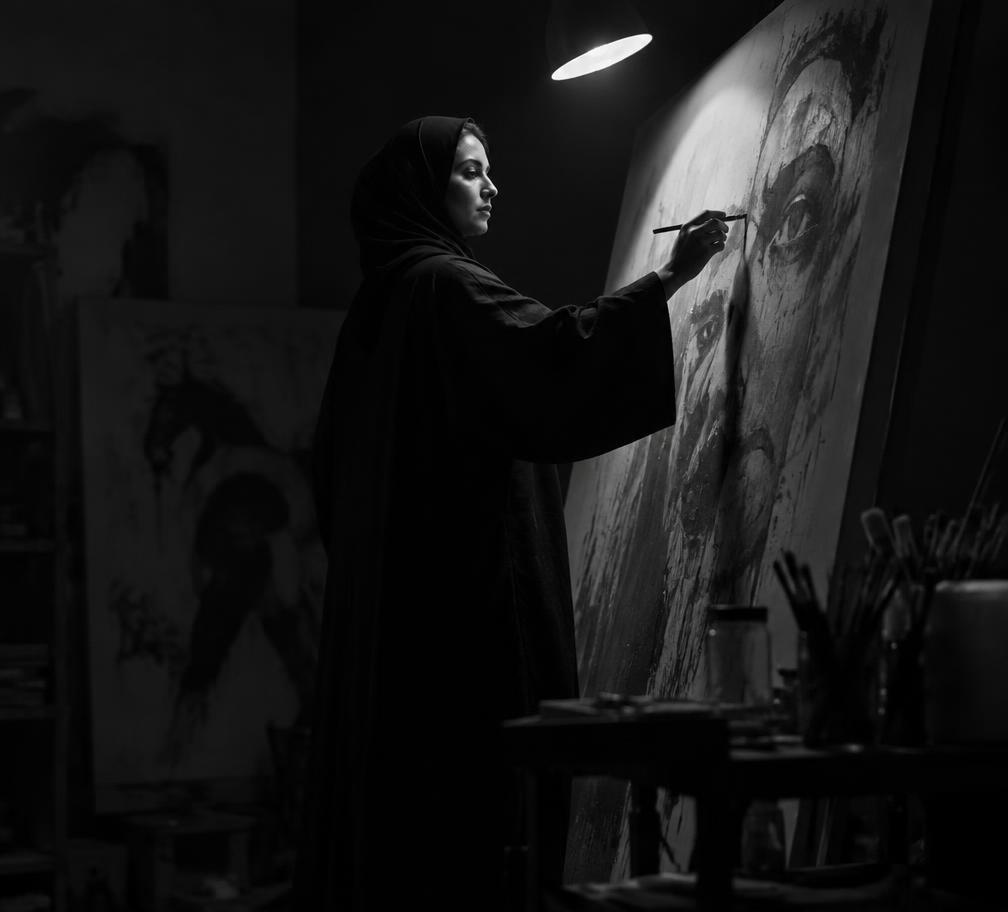 Artist painting in a dark studio